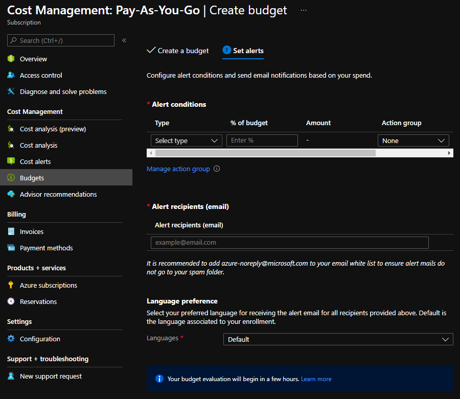 Azure Budget alarms page