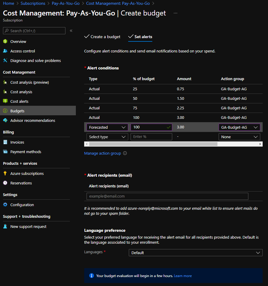 Azure Budget alarms ready