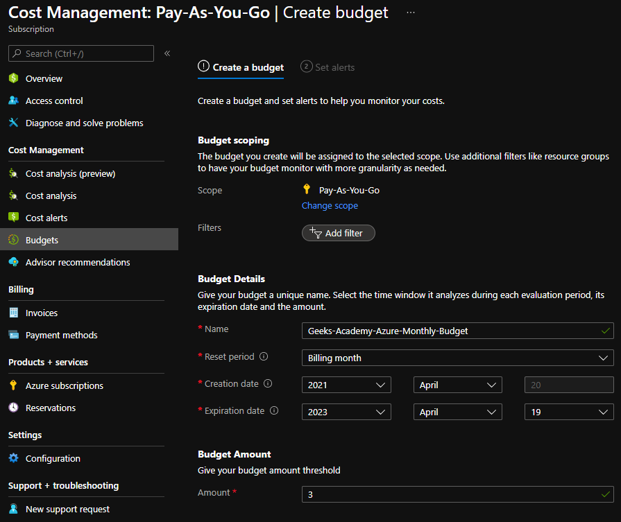 Azure Budget creation